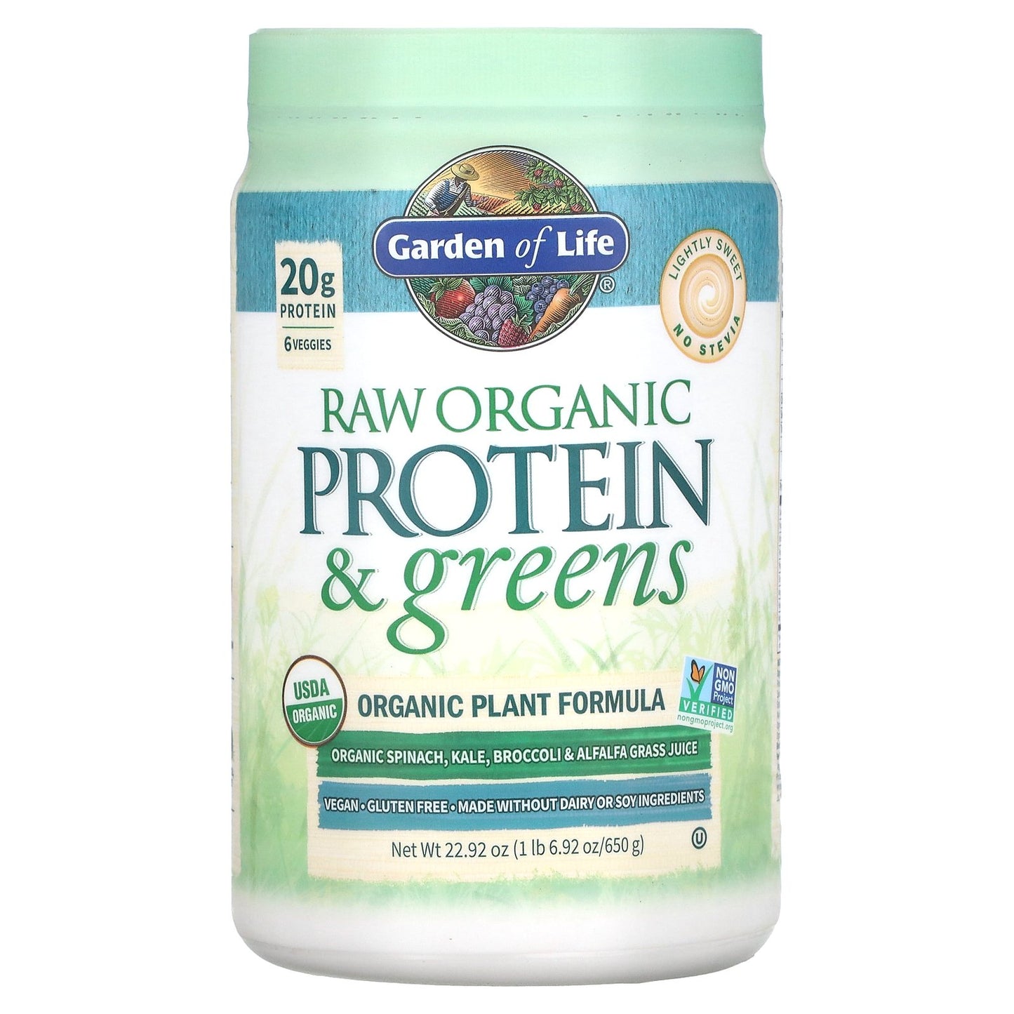 Garden of Life, RAW Organic Protein & Greens, Plant Formula, Lightly Sweet, 22.92 oz (650 g)