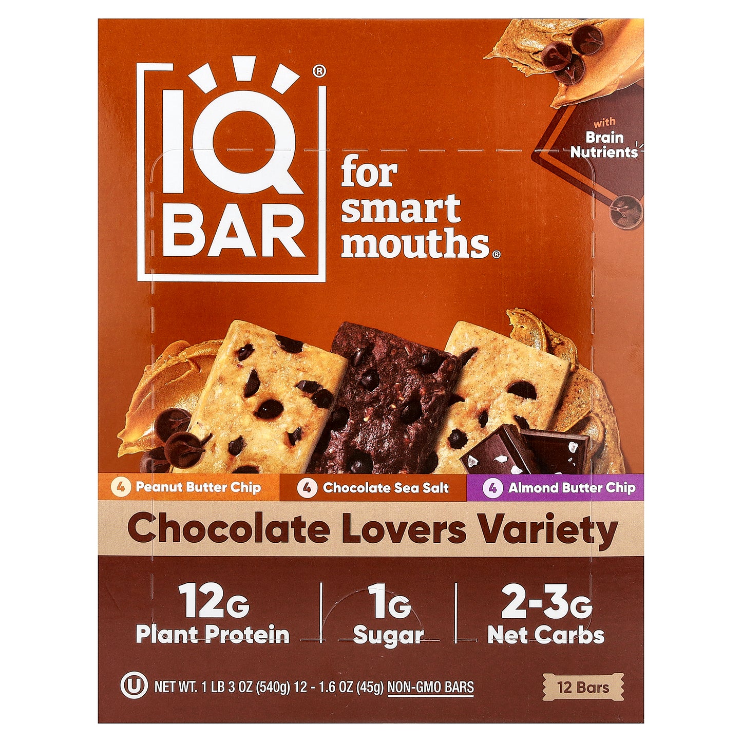IQBAR, Plant Protein Bars, Chocolate Lovers Variety, 12 Bars, 1.6 oz (45 g) Each