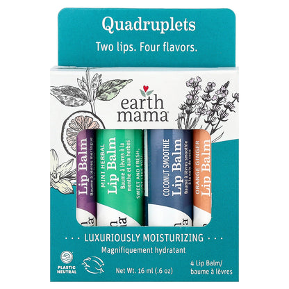 Earth Mama, Lip Balm, Quadruplets, 4 Pack, 0.15 oz (4 ml) Each