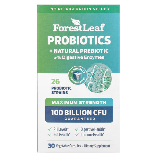 Forest Leaf, Probiotics + Natural Prebiotic with Digestive Enzymes, Maximum Strength, 30 Vegetarian Capsules