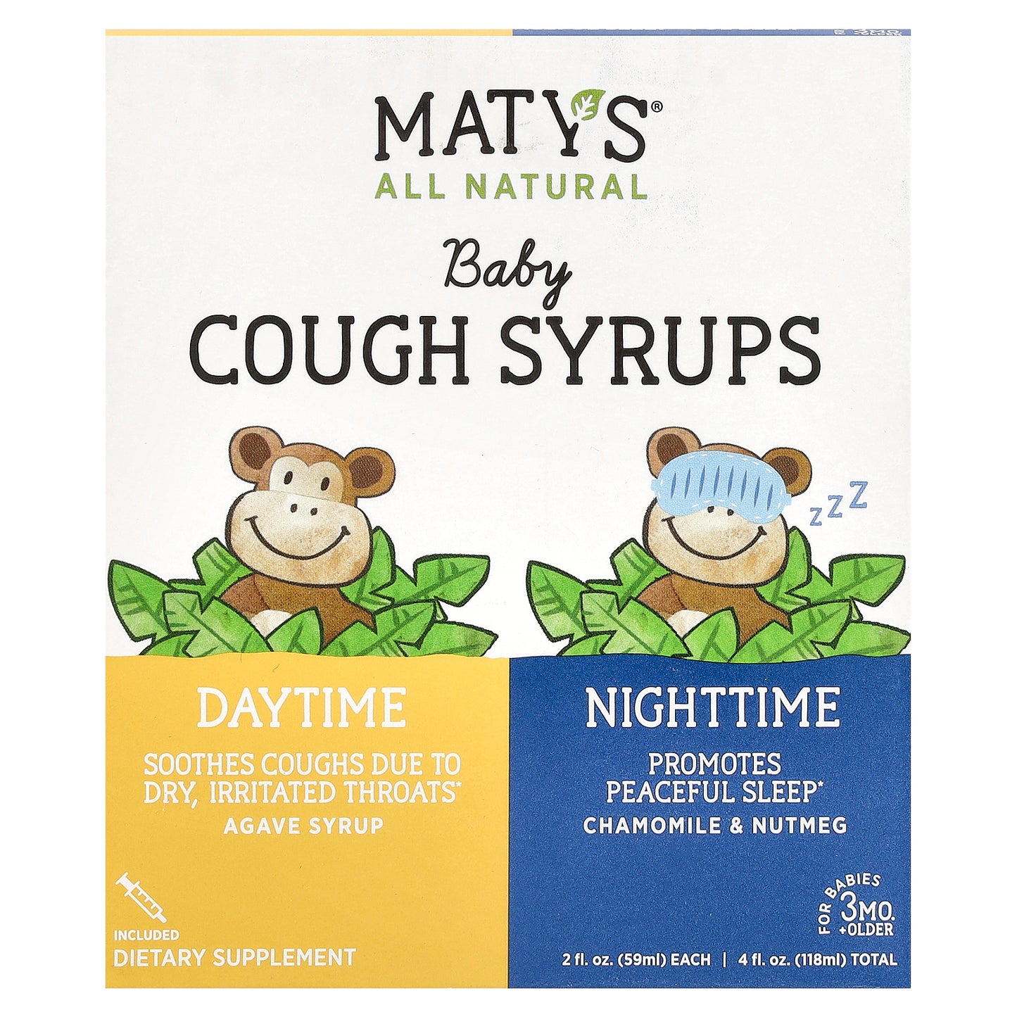 Maty's, Baby Cough Syrups, Daytime & Nighttime, 3 Months+, Alcohol Free, 2 Bottles, 2 fl oz (59 ml) Each