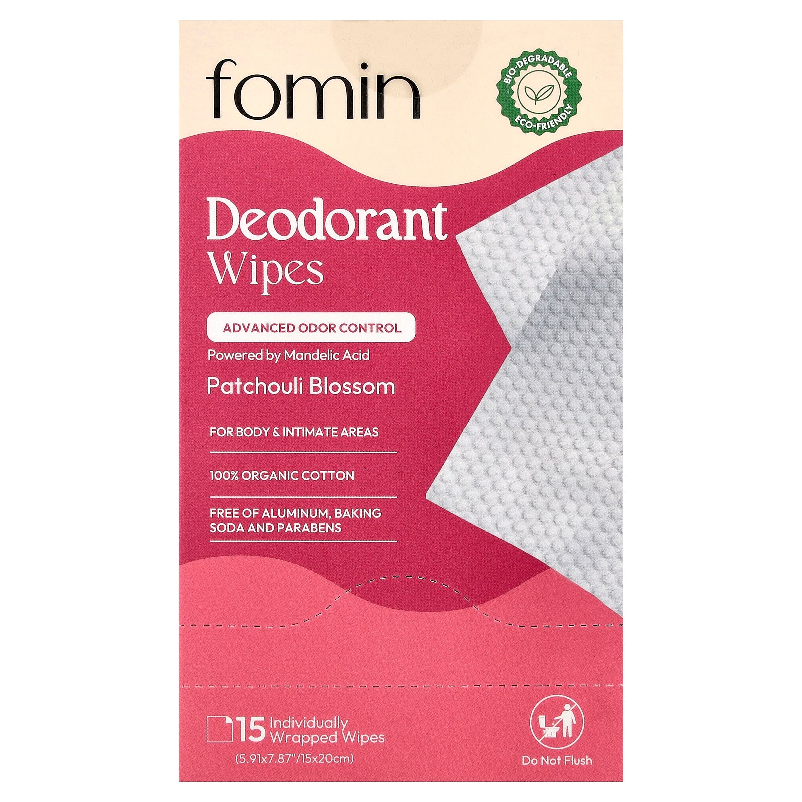 fomin, Deodorant Wipes, Patchouli Blossom, 15 Individually Wrapped Wipes
