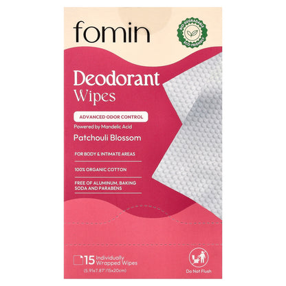 fomin, Deodorant Wipes, Patchouli Blossom, 15 Individually Wrapped Wipes