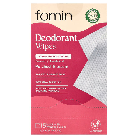 fomin, Deodorant Wipes, Patchouli Blossom, 15 Individually Wrapped Wipes