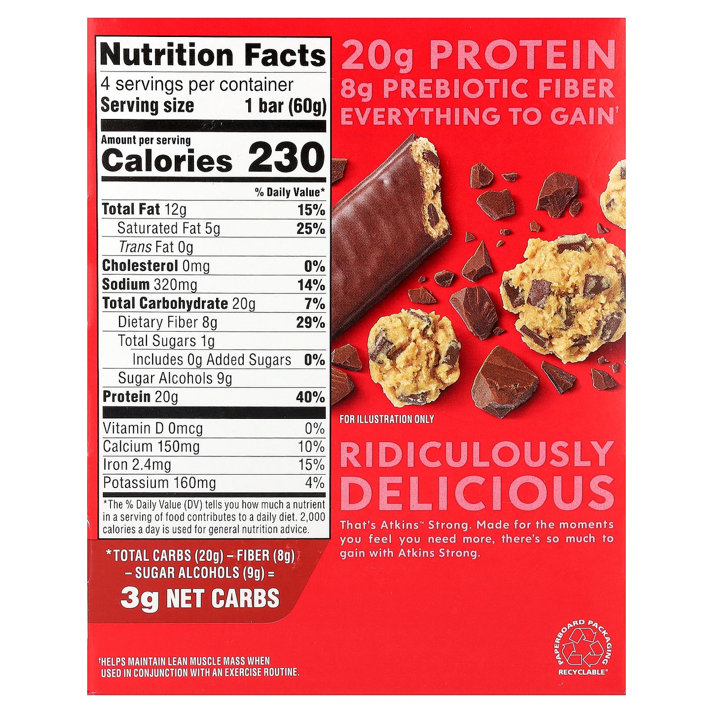 Atkins, Strong, High Protein Bar, Chocolate Chip Cookie Dough, 4 Bars, 2.12 oz (60 g) Each