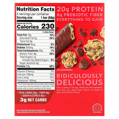 Atkins, Strong, High Protein Bar, Chocolate Chip Cookie Dough, 4 Bars, 2.12 oz (60 g) Each