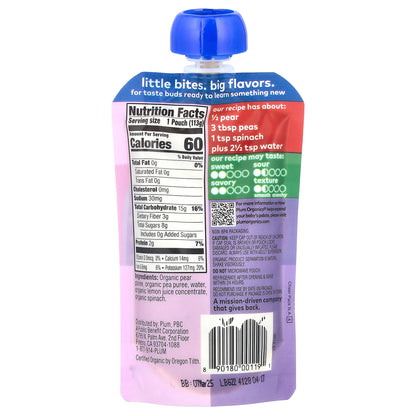 Plum Organics, Organic Baby Food, 6+ Months, Pear + Pea With Spinach, 4 oz (113 g)