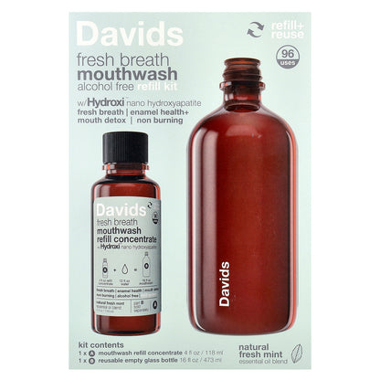 Davids, Fresh Breath Mouthwash Refill Kit, Alcohol Free, Natural Fresh Mint, 2 Piece Kit