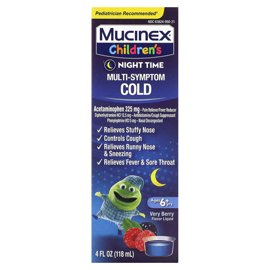 Mucinex, Children's, Multi-Symptom Cold, Night Time,  Ages 6+ Yrs, Very Berry, 4 fl oz (118 ml)