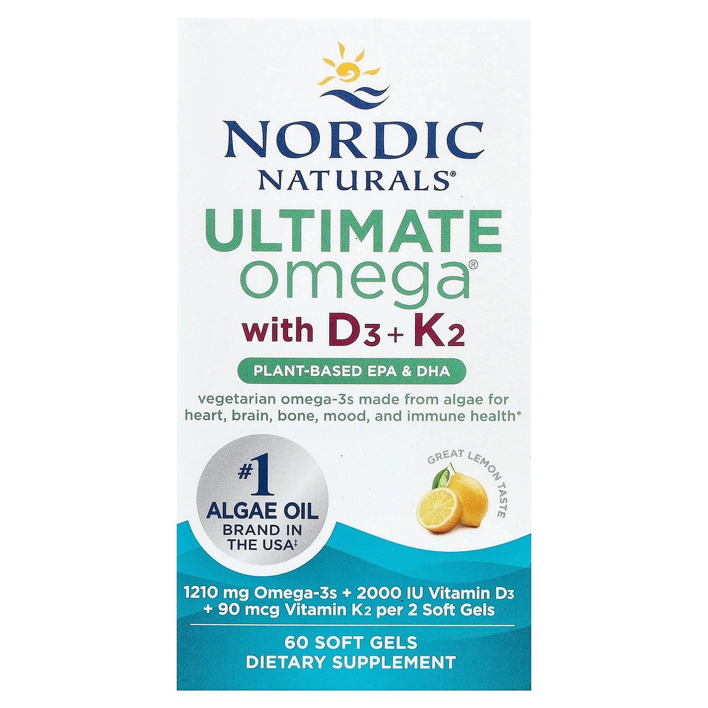 Nordic Naturals, Ultimate Omega®, Plant-Based With D3 + K2, Lemon, 60 Soft Gels