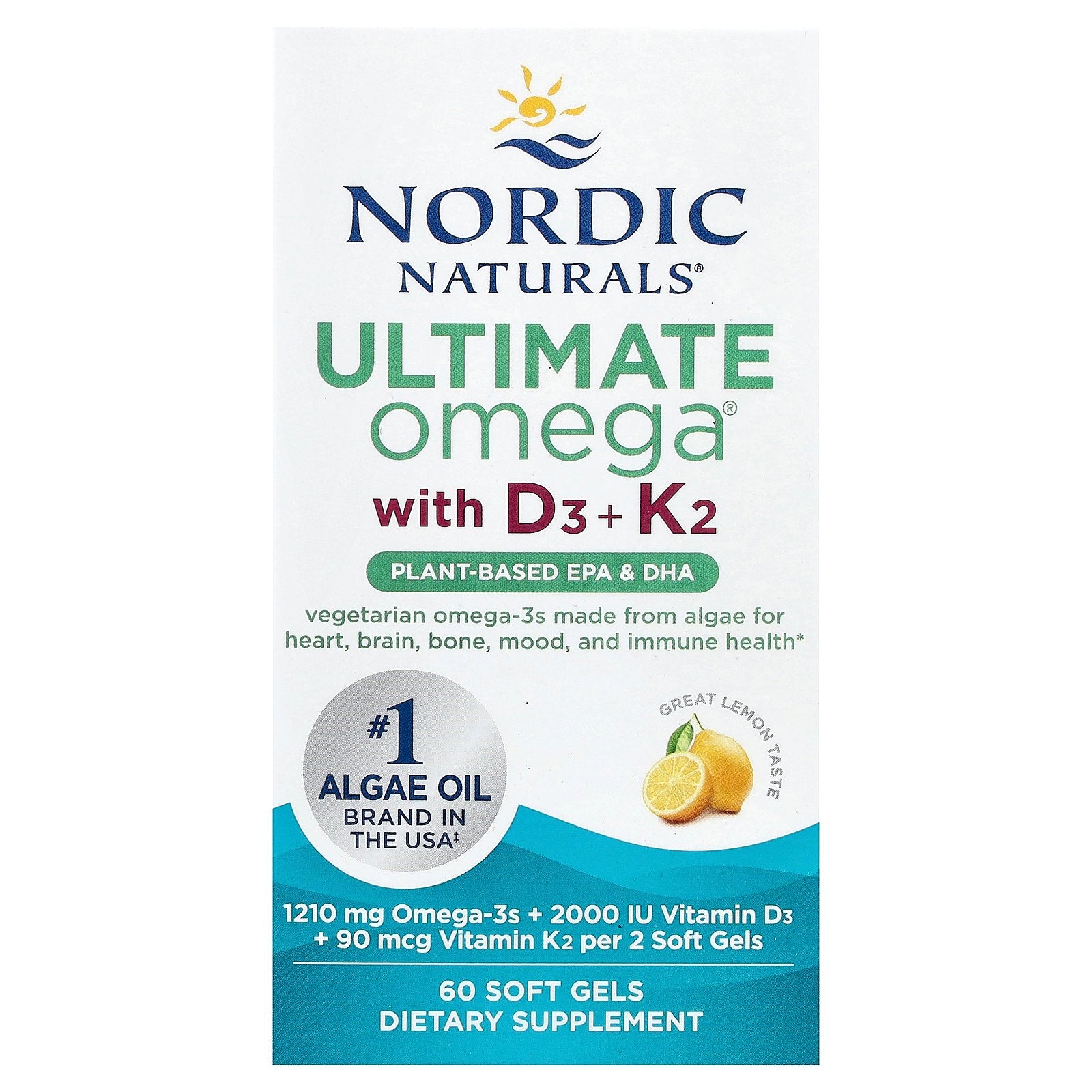 Nordic Naturals, Ultimate Omega®, Plant-Based With D3 + K2, Lemon, 60 Soft Gels