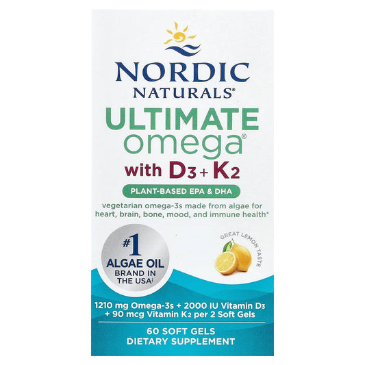 Nordic Naturals, Ultimate Omega®, Plant-Based With D3 + K2, Lemon, 60 Soft Gels