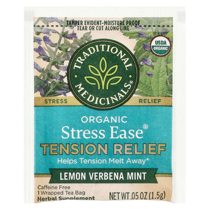 Traditional Medicinals, Organic Stress Ease® Tension Relief, Lemon Verbena Mint, Caffeine Free, 16 Wrapped Tea Bags, 0.85 oz (24 g)