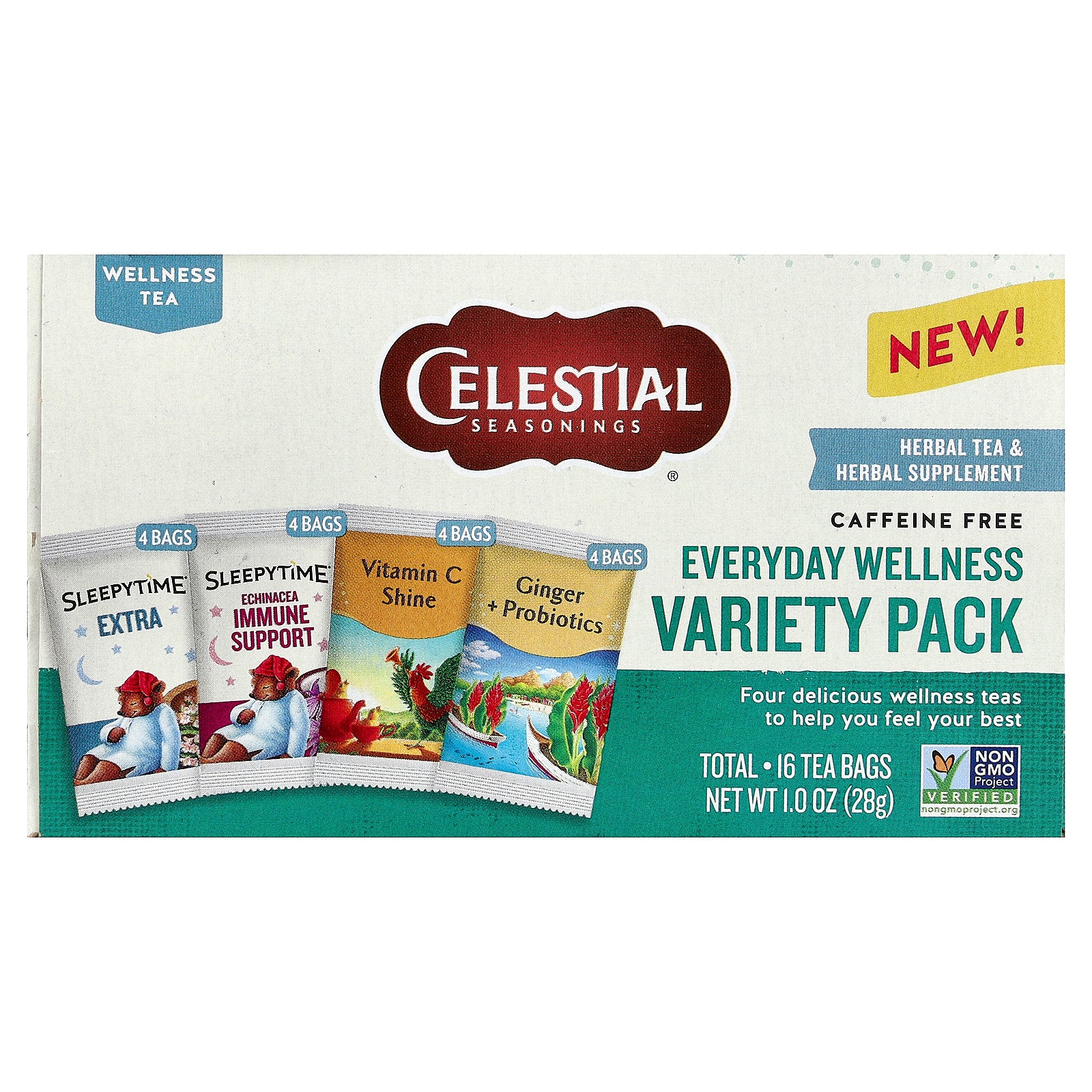 Celestial Seasonings, Everyday Wellness Variety Pack, Caffeine Free , 16 Tea Bags, 1 oz (28 g)