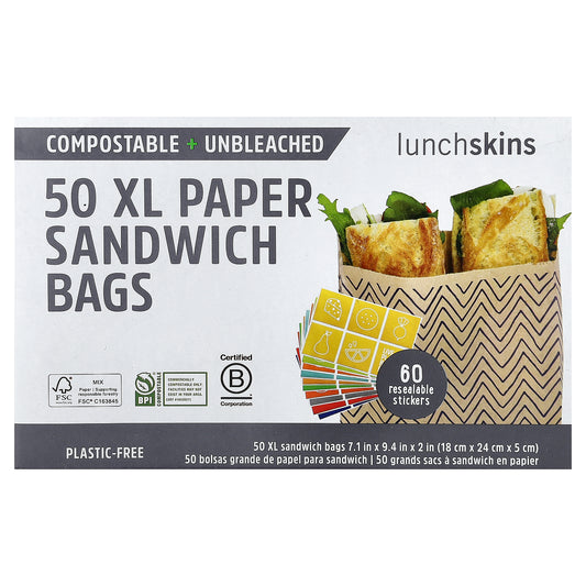 Lunchskins, XL Paper Sandwich Bags With Resealable Stickers, 50 Count