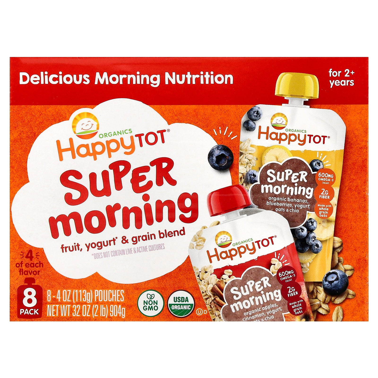 Happy Family Organics, Happy Tot®, Super Morning, For 2+ Years, Fruit, Yogurt & Grain Blend, Variety Pack, 8 Pack, 4 oz (113 g) Each