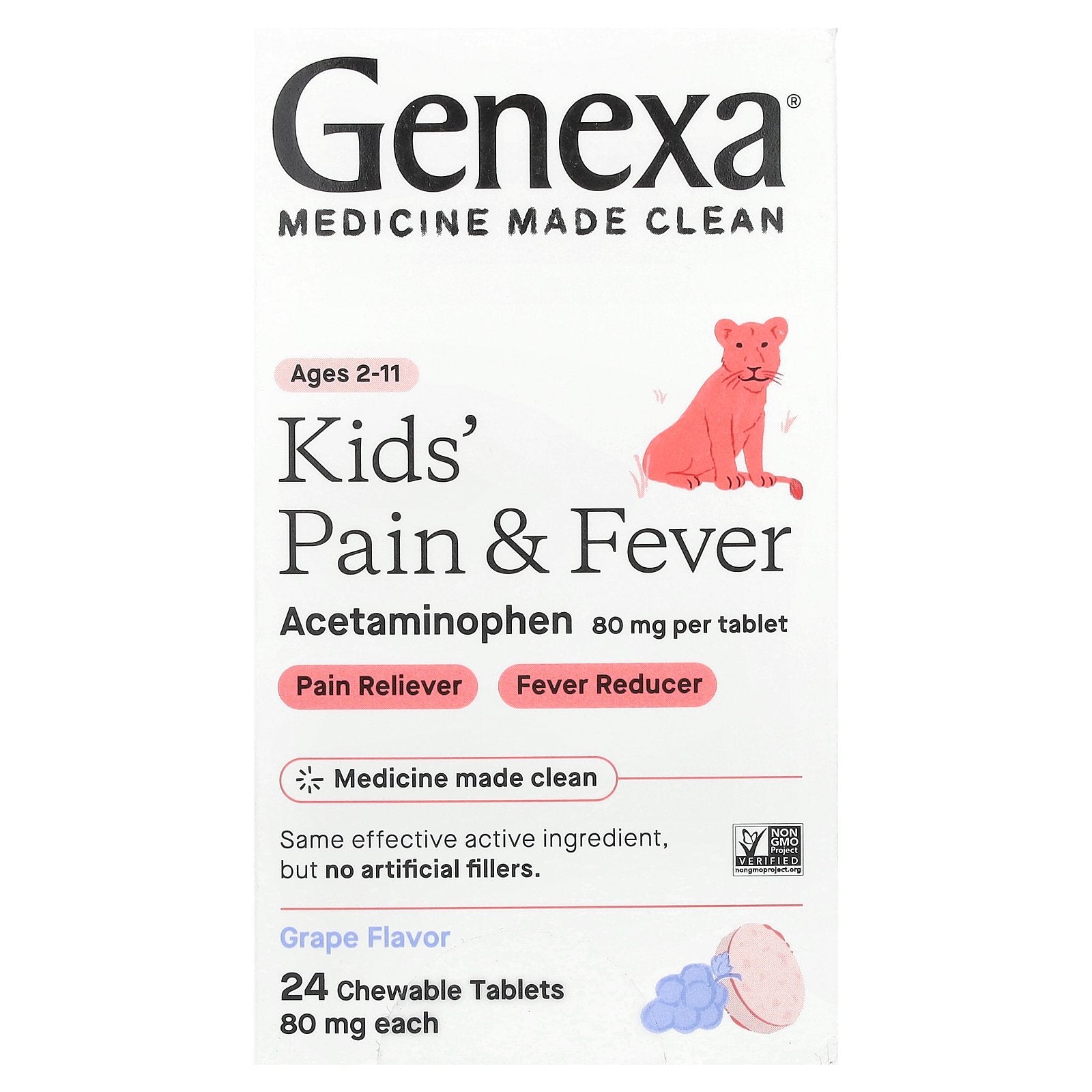 Genexa, Kids' Pain & Fever, Ages 2-11, Grape, 80 mg, 24 Chewable Tablets