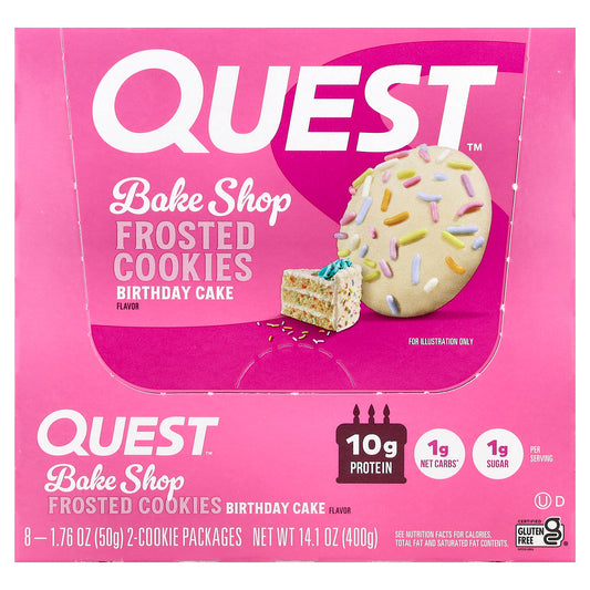 Quest Nutrition, Bake Shop Frosted Cookies, Birthday Cake, 8 Packages, 1.76 oz (50 g) Each