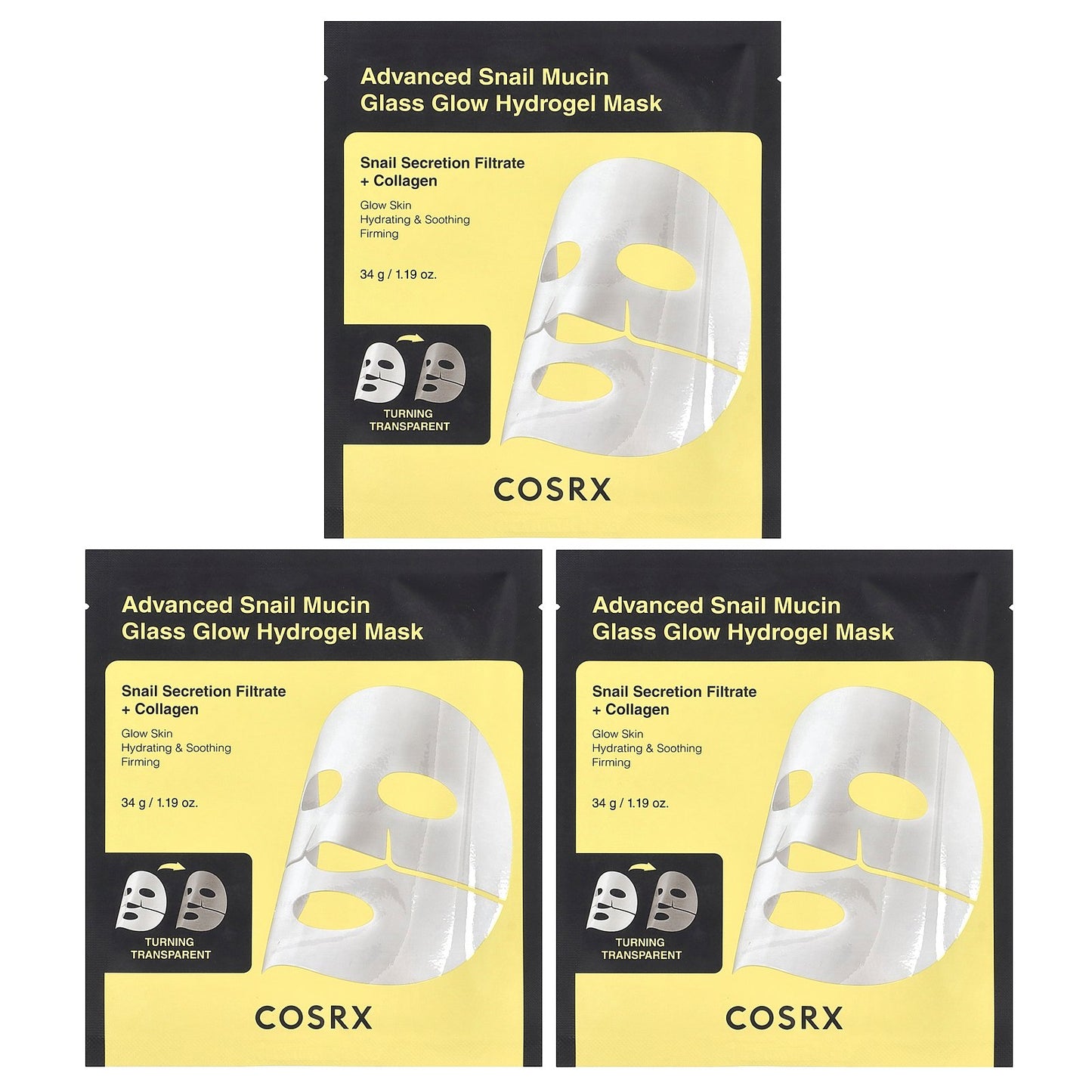 CosRx, Advanced Snail Mucin Glass Glow Hydrogel Beauty Mask, 3 Sheets, 1.19 oz (34 g)