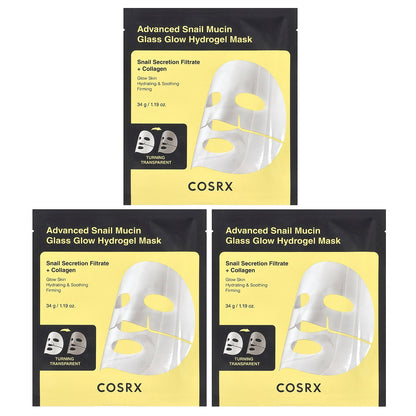 CosRx, Advanced Snail Mucin Glass Glow Hydrogel Beauty Mask, 3 Sheets, 1.19 oz (34 g)