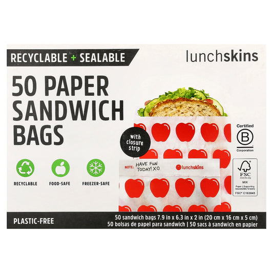 Lunchskins, Paper Sandwich Bags, Apple, 50 Bags