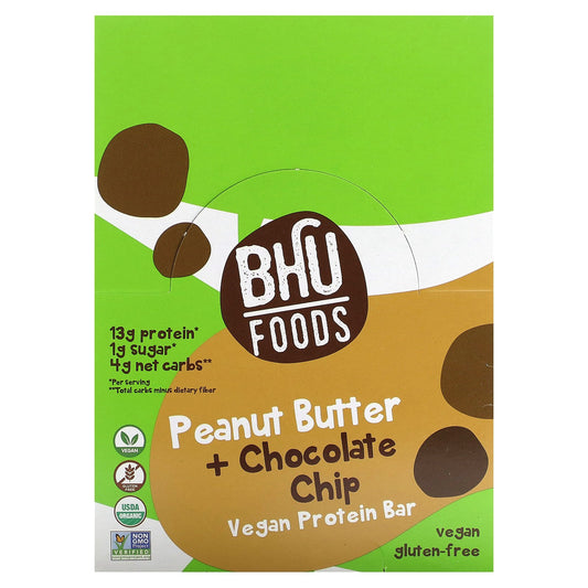 BHU Foods, Vegan Protein Bar, Peanut Butter + Chocolate Chip, 12 Bars, 1.6 oz (45 g) Each