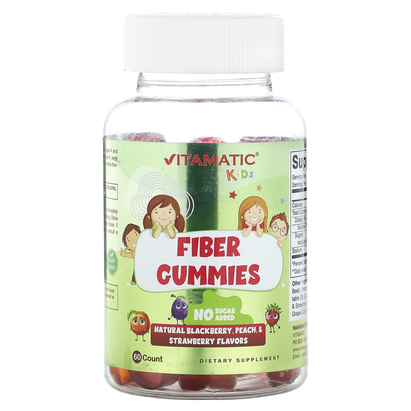 Vitamatic, Kids Fiber Gummies, Natural Blackberry, Peach & Strawberry Flavors, 60 Gummies