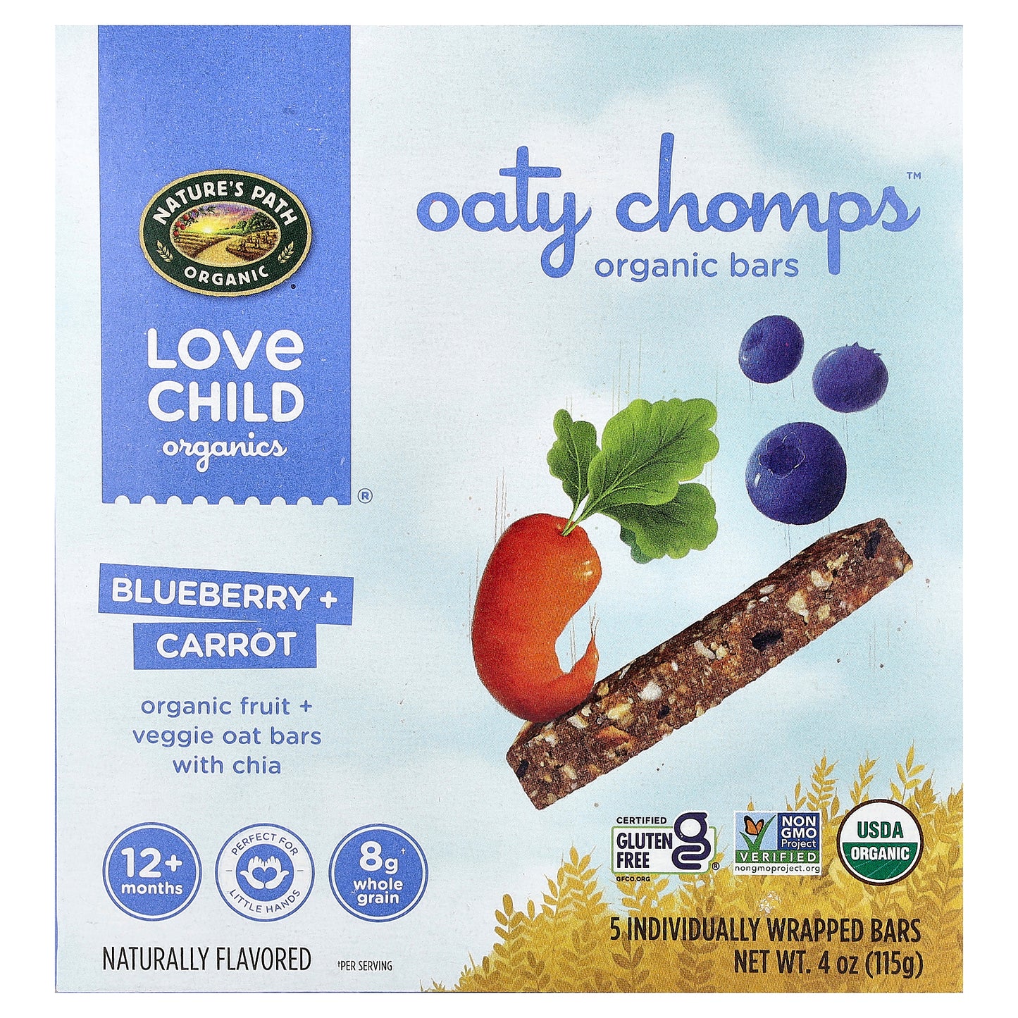 Love Child Organics, Nature's Path, Oaty Chomps™ Organic Bars, 12+ Months, Blueberry + Carrot, 5 Individually Wrapped Bars, 0.8 oz (23 g) Each