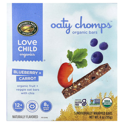 Love Child Organics, Nature's Path, Oaty Chomps™ Organic Bars, 12+ Months, Blueberry + Carrot, 5 Individually Wrapped Bars, 0.8 oz (23 g) Each