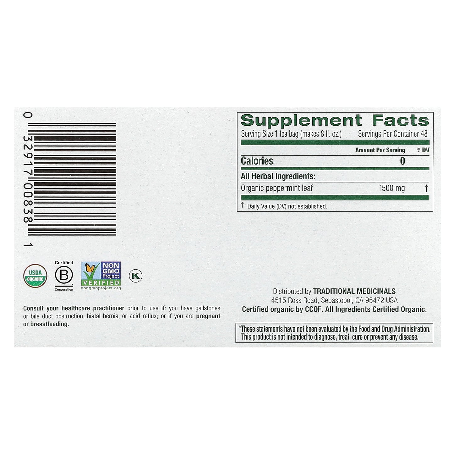 Traditional Medicinals, Organic Peppermint, Caffeine Free, 48 Tea Bags, 2.53 oz (72 g)