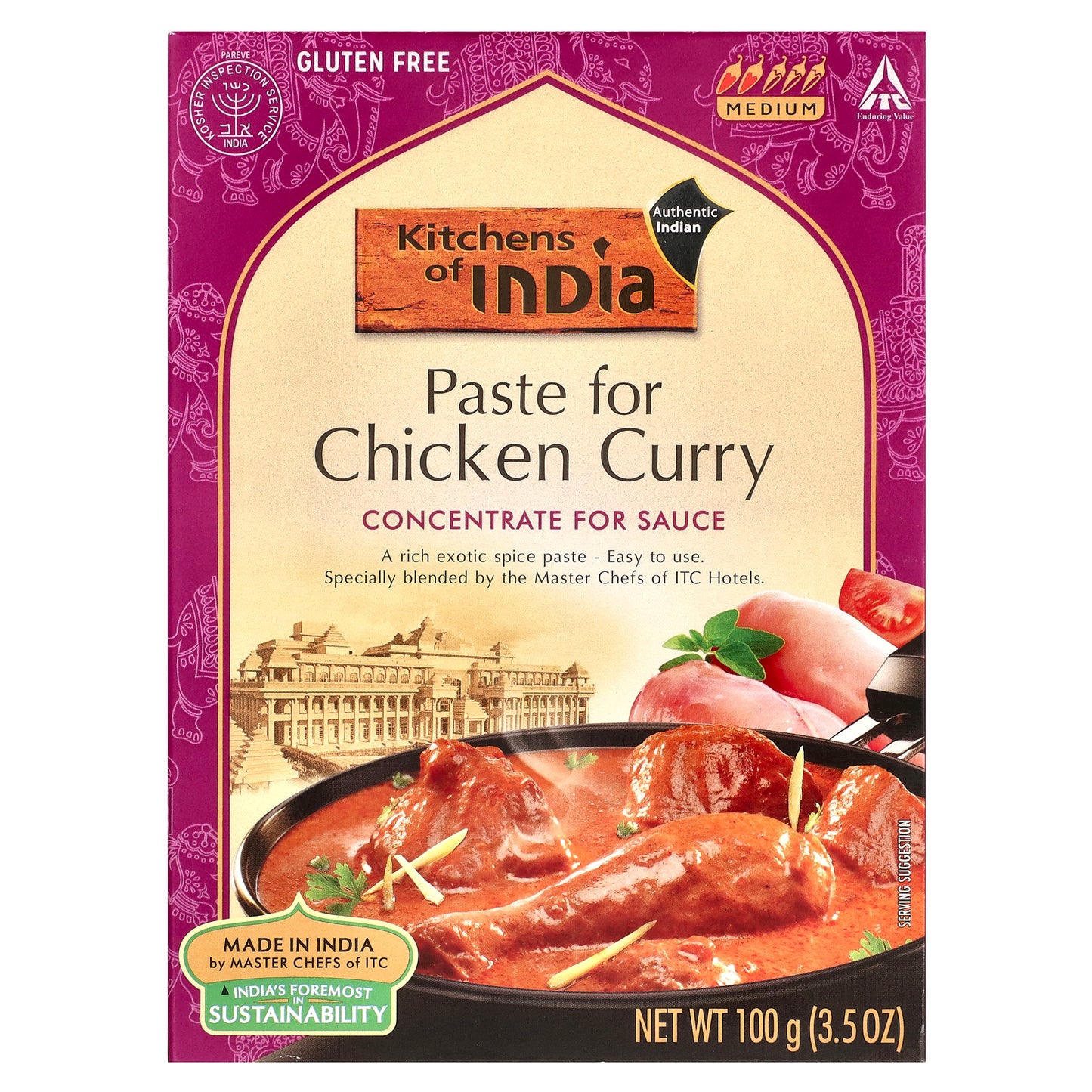 Kitchens of India, Paste For Chicken Curry, Concentrate For Sauce, Medium, 3.5 oz (100 g)