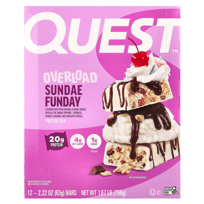 Quest Nutrition, Overload Protein Bar, Sundae Funday, 12 Bars, 2.22 oz (63 g) Each