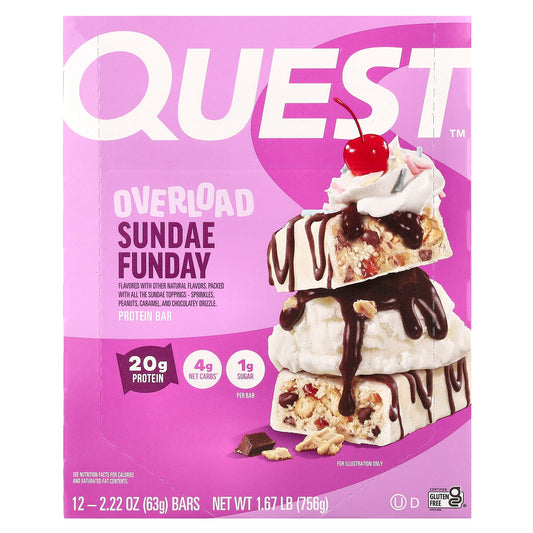 Quest Nutrition, Overload Protein Bar, Sundae Funday, 12 Bars, 2.22 oz (63 g) Each
