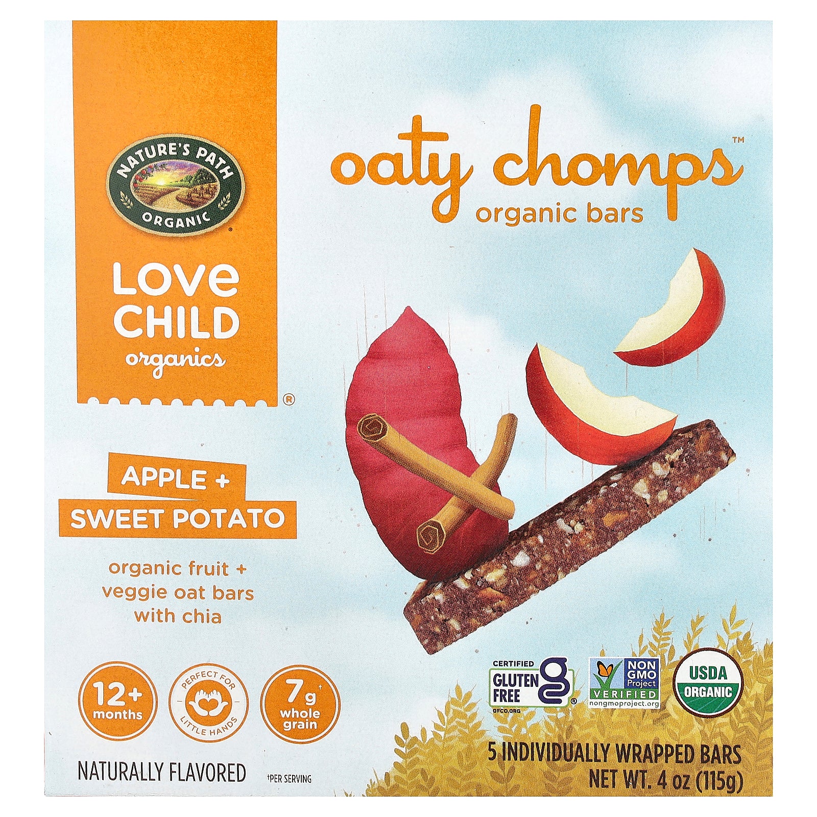 Love Child Organics, Nature's Path, Oaty Chomps™ Organic Bars, 12+ Months, Apple + Sweet Potato, 5 Individually Wrapped Bars, 0.8 oz (23 g) Each