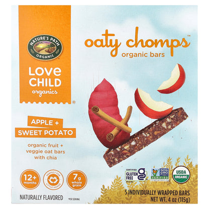 Love Child Organics, Nature's Path, Oaty Chomps™ Organic Bars, 12+ Months, Apple + Sweet Potato, 5 Individually Wrapped Bars, 0.8 oz (23 g) Each