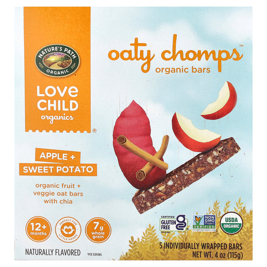 Love Child Organics, Nature's Path, Oaty Chomps™ Organic Bars, 12+ Months, Apple + Sweet Potato, 5 Individually Wrapped Bars, 0.8 oz (23 g) Each