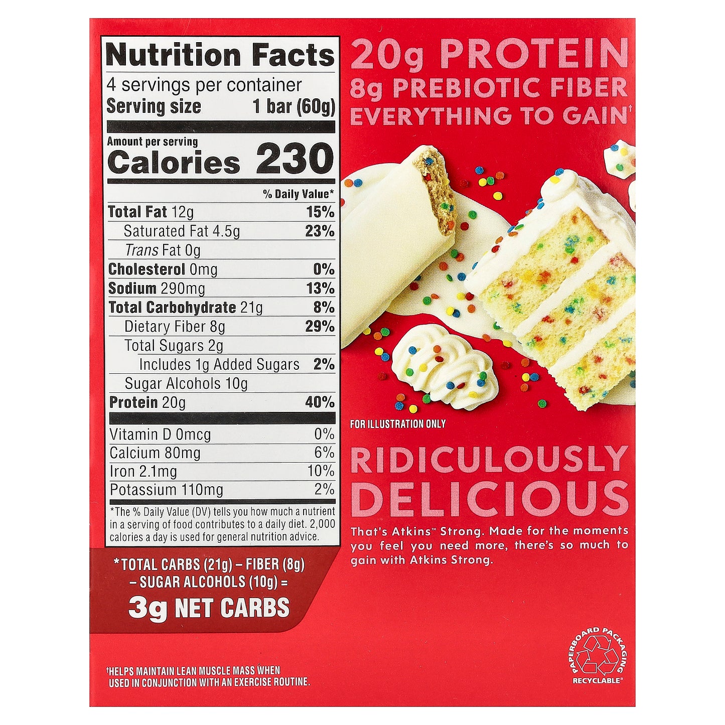 Atkins, Strong, High Protein Bar, Birthday Cake, 4 Bars, 2.12 oz (60 g) Each