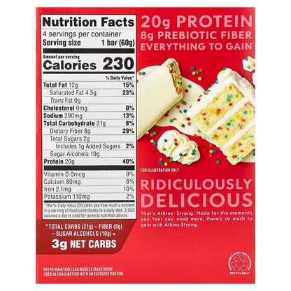 Atkins, Strong, High Protein Bar, Birthday Cake, 4 Bars, 2.12 oz (60 g) Each