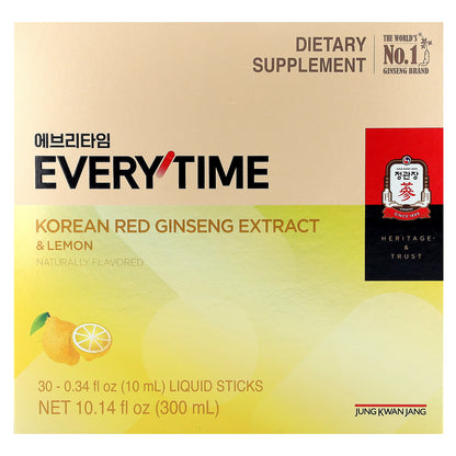 JungKwanJang, Korean Red Ginseng Extract, Everytime, Lemon, 30 Liquid Sticks, 0.34 fl oz (10 ml) Each