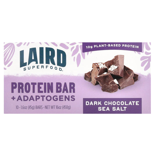 Laird Superfood, Superfood Protein Bar + Adaptogens, Dark Chocolate Sea Salt, 10 Bars, 1.6 oz (45 g) Each