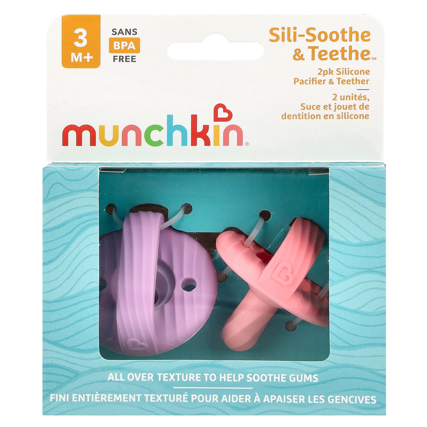 Munchkin, Sili-Soothe & Teethe™, Silicone Pacifier & Teether, 3 Months+, Light Pink & Light Purple, 2 Count