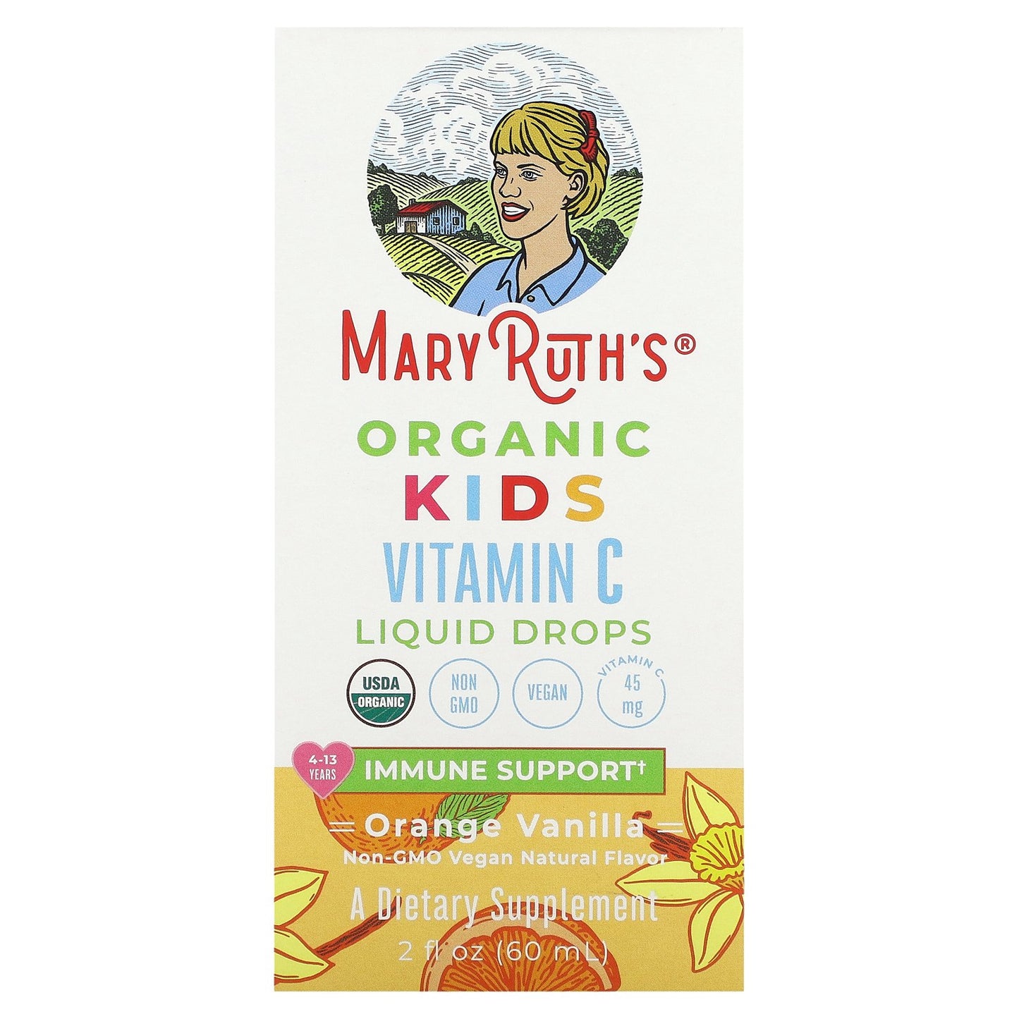 MaryRuth's, Organic Kids Vitamin C Liquid Drops, 4-13 Years, Orange Vanilla, 45 mg, 2 fl oz (60 ml)
