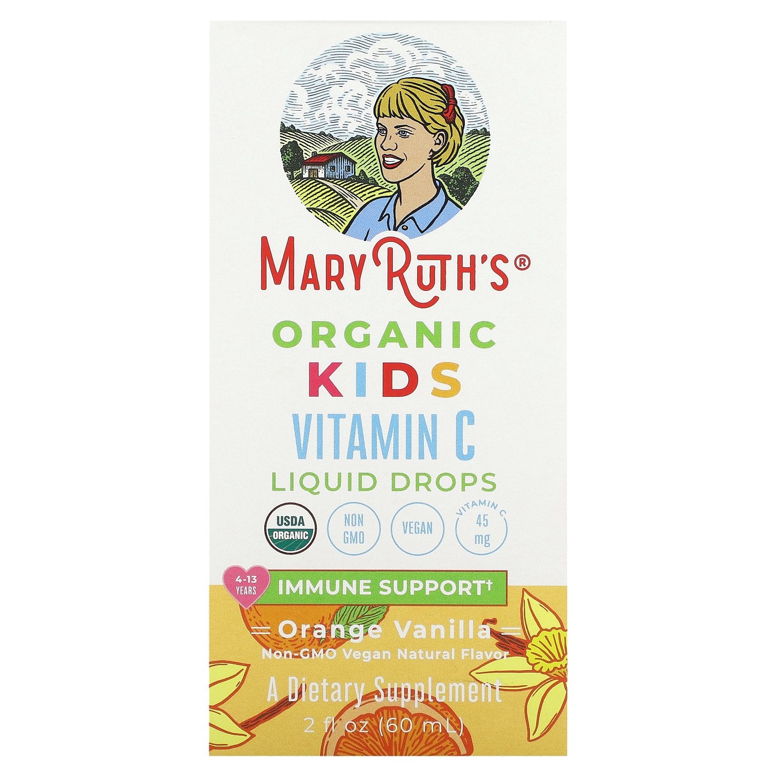 MaryRuth's, Organic Kids Vitamin C Liquid Drops, 4-13 Years, Orange Vanilla, 45 mg, 2 fl oz (60 ml)