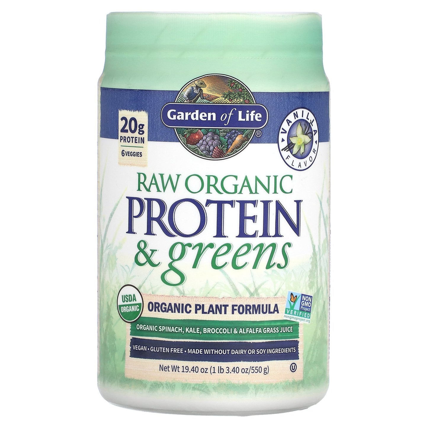 Garden of Life, RAW Organic Protein & Greens, Plant Formula, Vanilla, 19.40 oz (550 g)