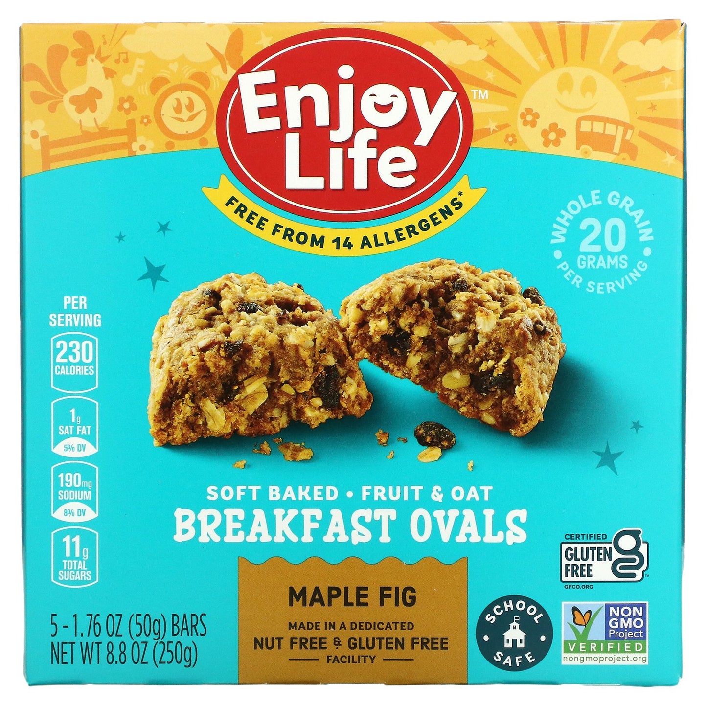 Enjoy Life Foods, Soft-Baked Fruit & Oat Breakfast Ovals, Maple Fig, 5 Bars, 1.76 oz (50 g) Each