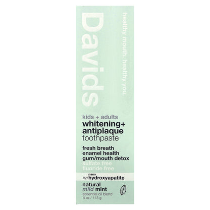 Davids, Kids + Adults Whitening + Antiplaque Toothpaste, Natural Mild Mint, 4 oz (113 g)