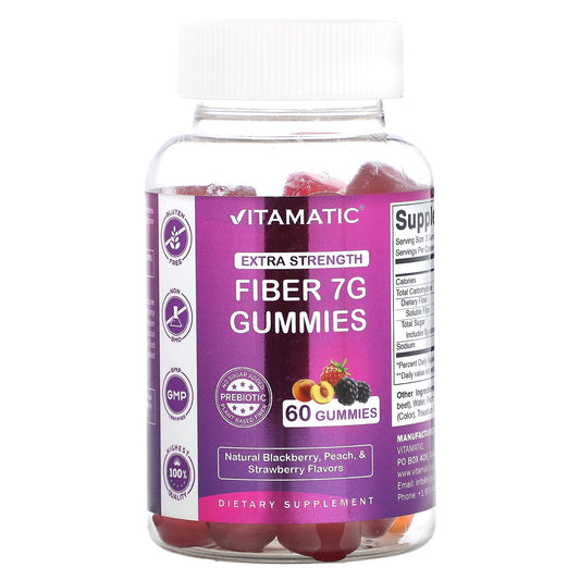 Vitamatic, Fiber Gummies, Extra Strength, Natural Blackberry, Peach, & Strawberry, 7 g, 60 Gummies (2.3 g per Gummy)