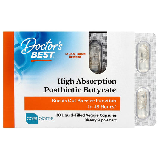 Doctor's Best, High Absorption Postbiotic Butyrate, 30 Liquid-Filled Veggie Capsules (300 mg per Capsule)