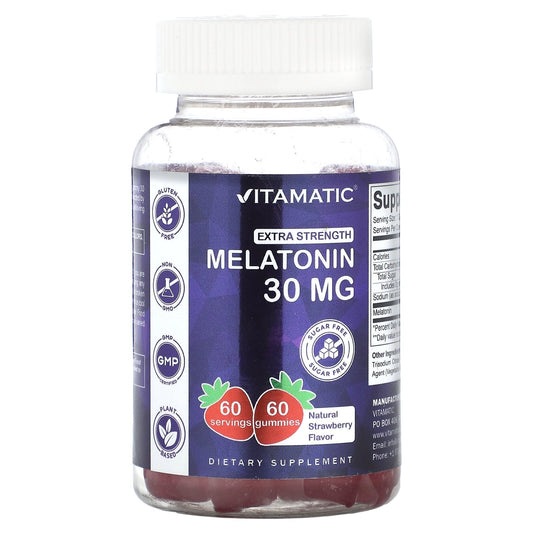 Vitamatic, Extra Strength Melatonin, Natural Strawberry, 30 mg, 60 Gummies