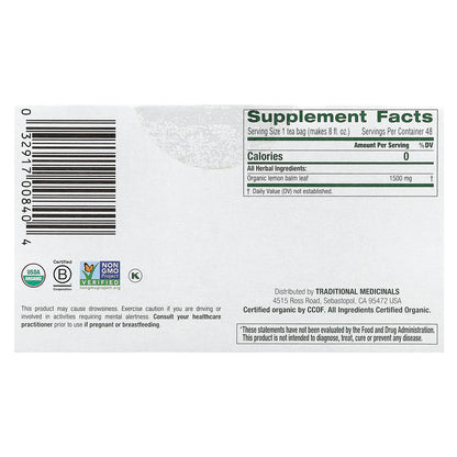 Traditional Medicinals, Organic Lemon Balm, Caffeine Free, 48 Wrapped Tea Bags, 2.53 oz (72 g)